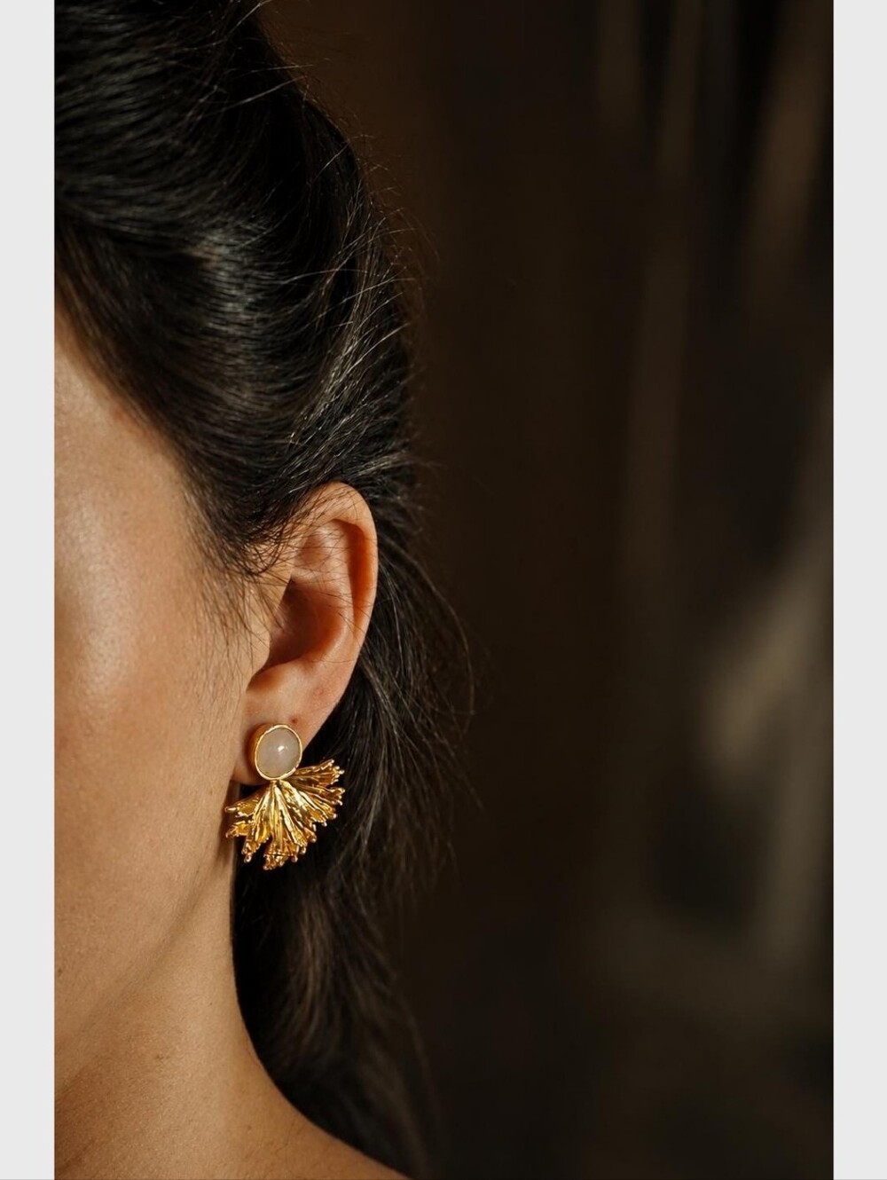 Rose Quartz Leaf Earrings, 24K Gold Plated Botanical Statement Studs